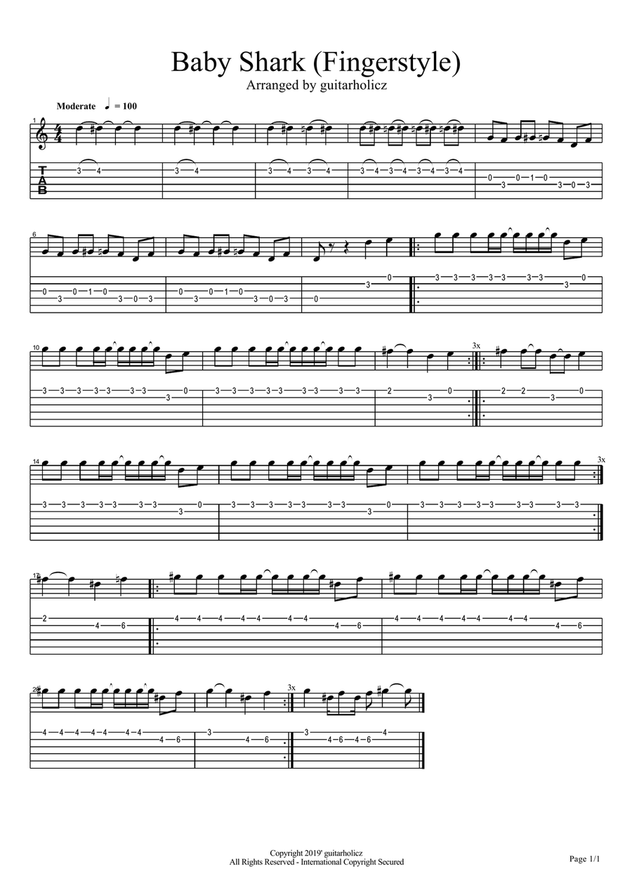 Baby Shark Guitar Tablature scores gallery preview page 1