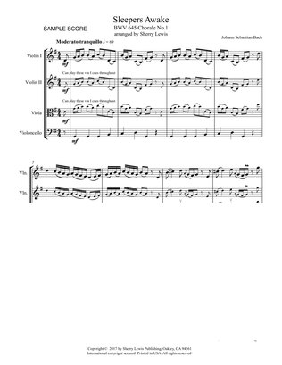 SLEEPERS AWAKE BWV 645 Chorale No.1 String Quartet, Intermediate Level for 2 violins, viola and cell