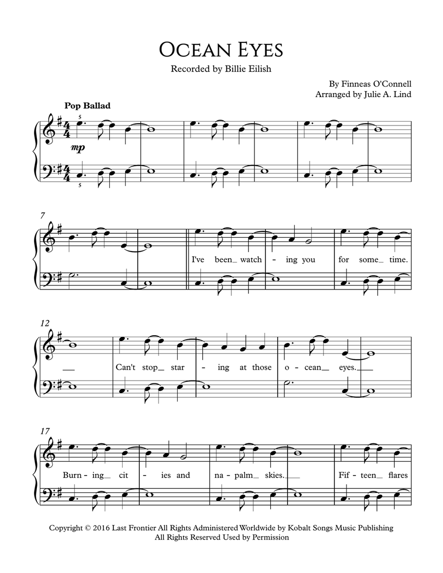 Ocean Eyes Easy Piano scores gallery preview page 1