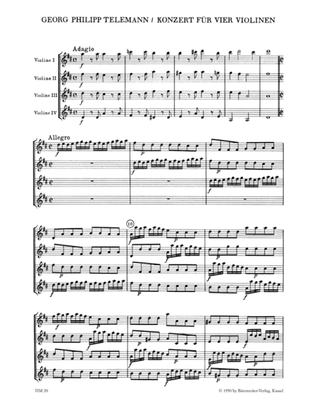 Concerto fur 4 Violinen ohne Bass D major TWV 40:202