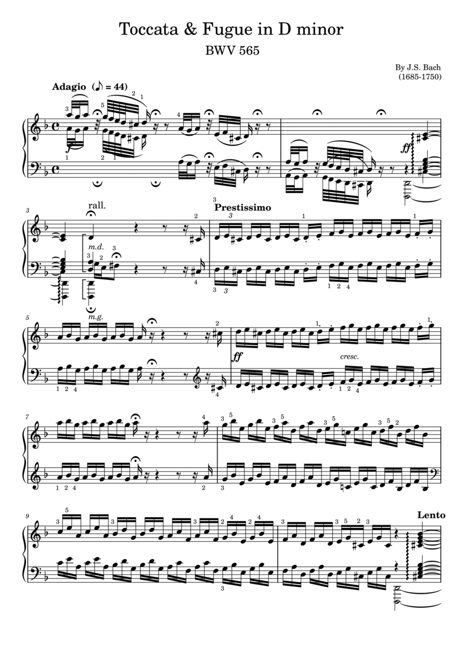 Toccata and Fugue in D Minor,BWV 565,J.S.Bach,Original Edition,With Fingering Piano Solo scores gallery preview page 1
