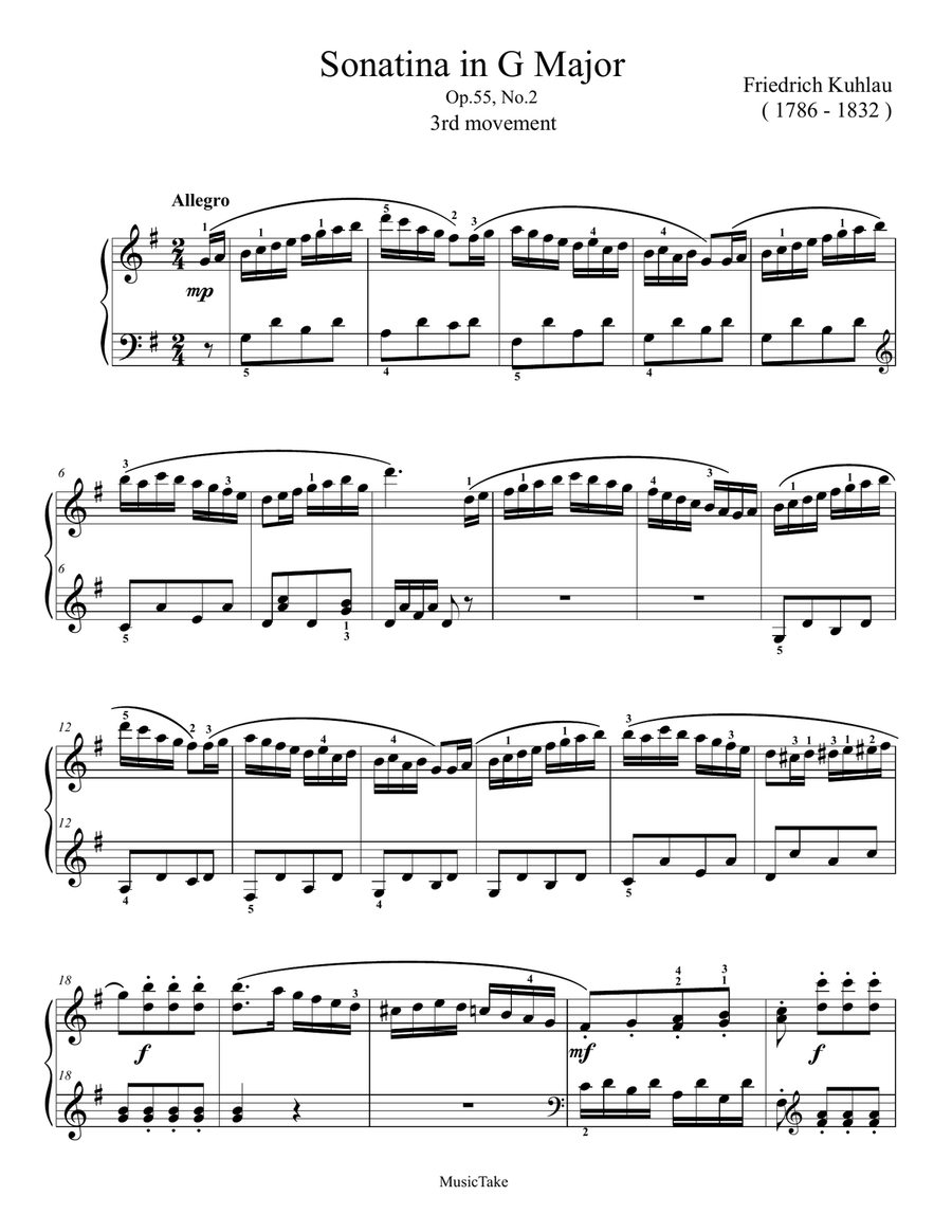 Kuhlau Sonatina in G Major Op.55 No.2 (3rd movement) Easy Piano scores gallery preview page 1