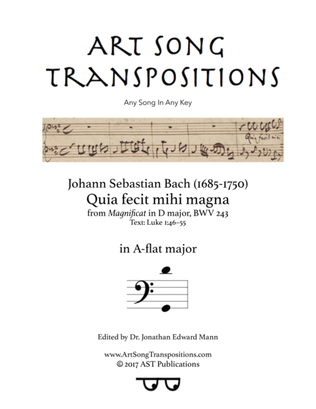 Book cover for BACH: Quia fecit mihi magna, BWV 243 (transposed to A-flat major)