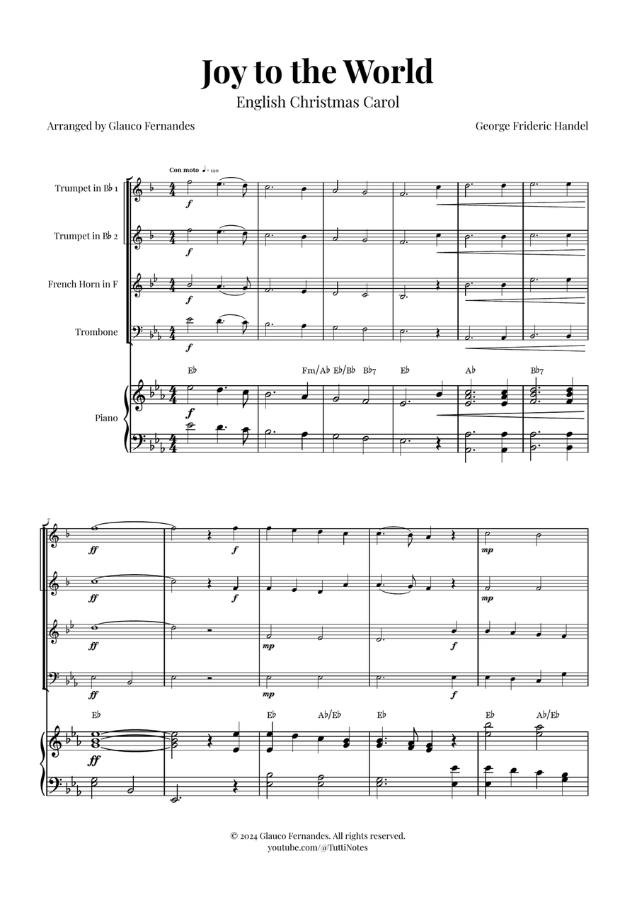 Joy to the World | STUNNING Arrangement Brass Quartet scores gallery preview page 1