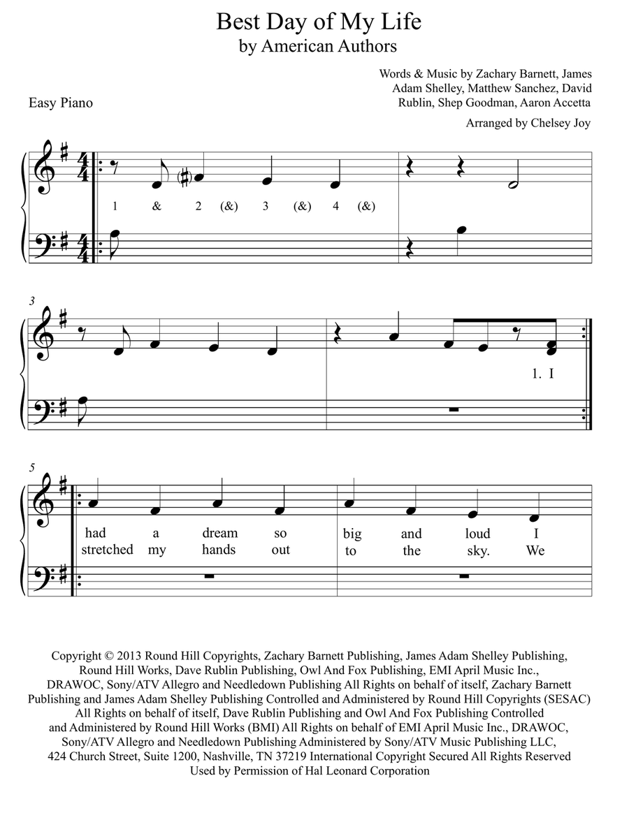 Best Day Of My Life Easy Piano scores gallery preview page 1