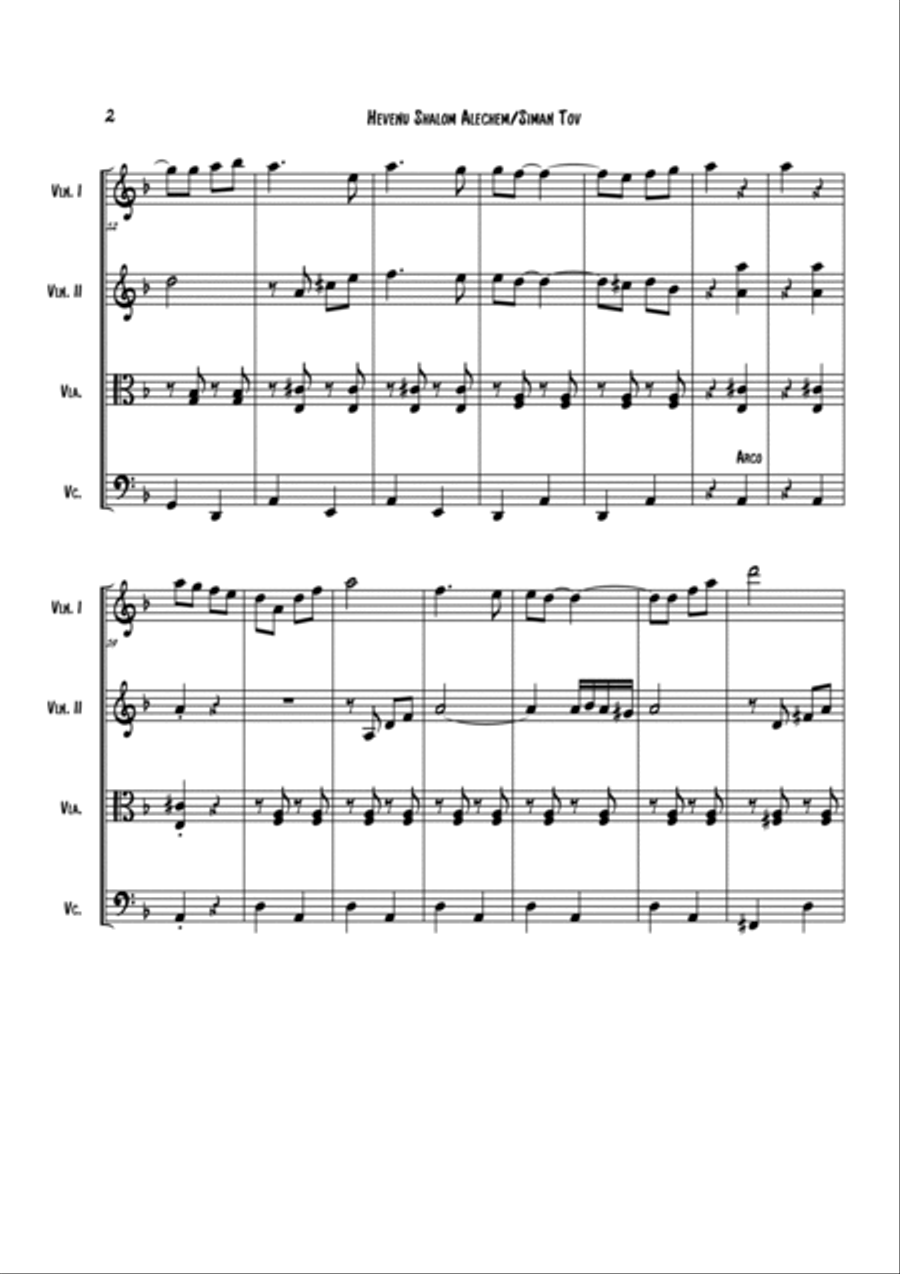 Hevenu Shalom Aleichem/Siman Tov String Quartet scores gallery preview page 2