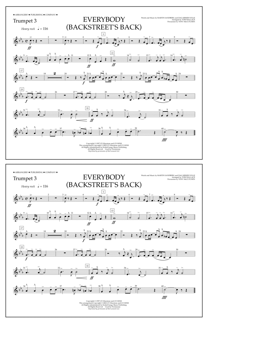 Everybody (Backstreet's Back) (arr. Tom Wallace) - Trumpet 3 Marching Band scores gallery preview page 1