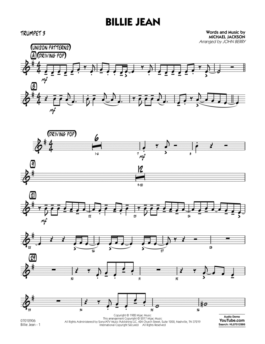Billie Jean Trumpet 3 by David Cook Trumpet Digital Sheet