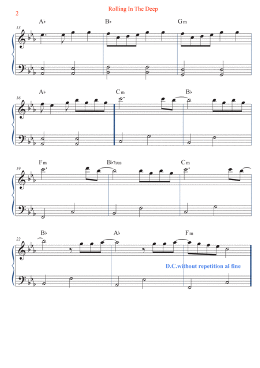 Rolling In The Deep Easy Piano scores gallery preview page 2