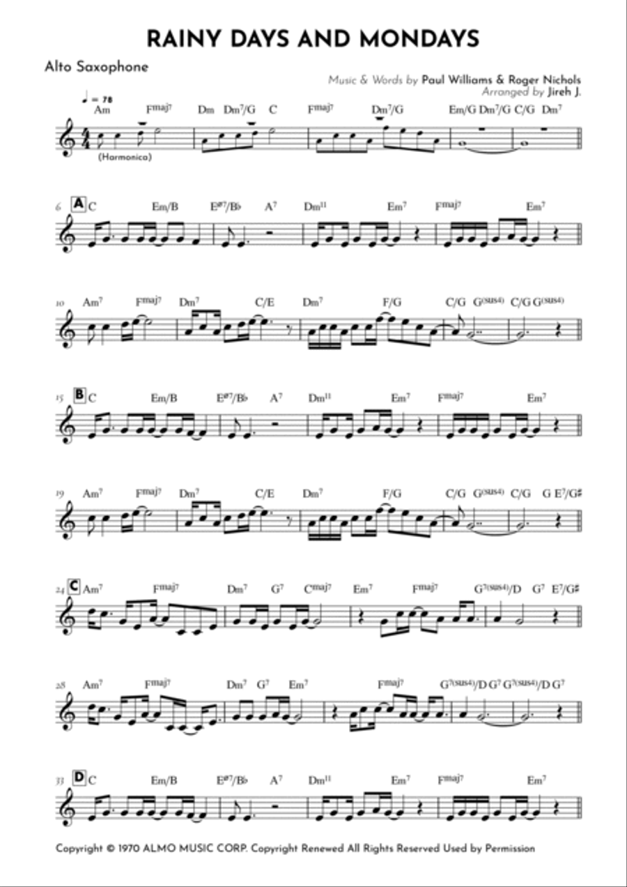 Rainy Days And Mondays Alto Saxophone scores gallery preview page 2