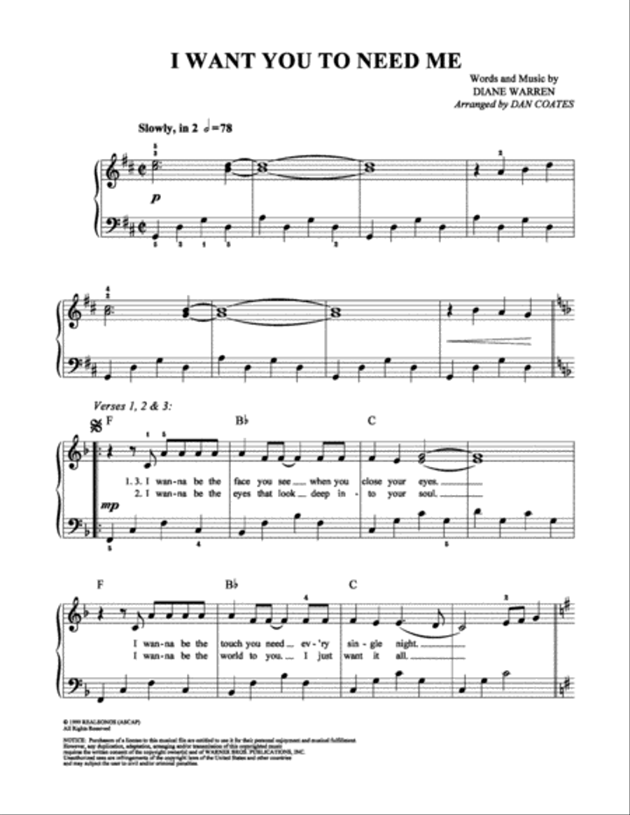 I Want You to Need Me Easy Piano scores gallery preview page 1