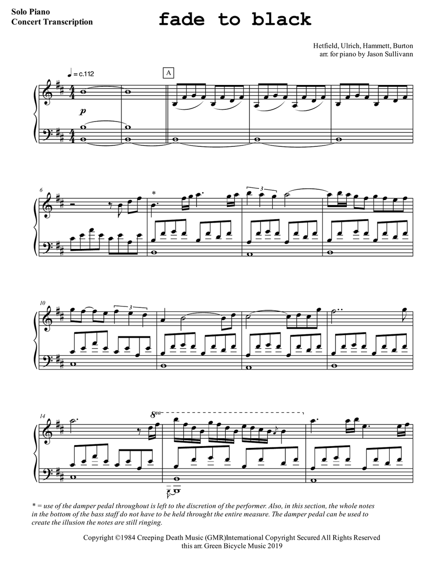 Fade To Black Piano Solo scores gallery preview page 1