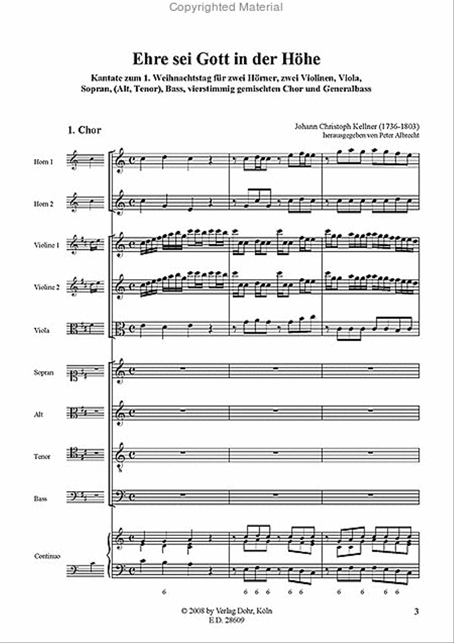 Ehre sei Gott in der Höhe für zwei Hörner, zwei Violinen, Viola, Sopran, (Alt, Tenor), Bass, 4stg. gem. Chor und Generalbass -Kantate zum 1. Weihnachtstag- 4-Part scores gallery preview page 2