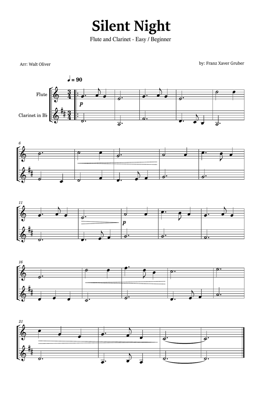 Silent Night for Flute and Clarinet (Easy - Beginner) - in C major