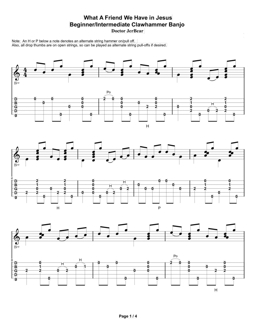 Doctor JerBear--What A Friend We Have In Jesus--Beginner/Intermediate Clawhammer Banjo Banjo scores gallery preview page 1