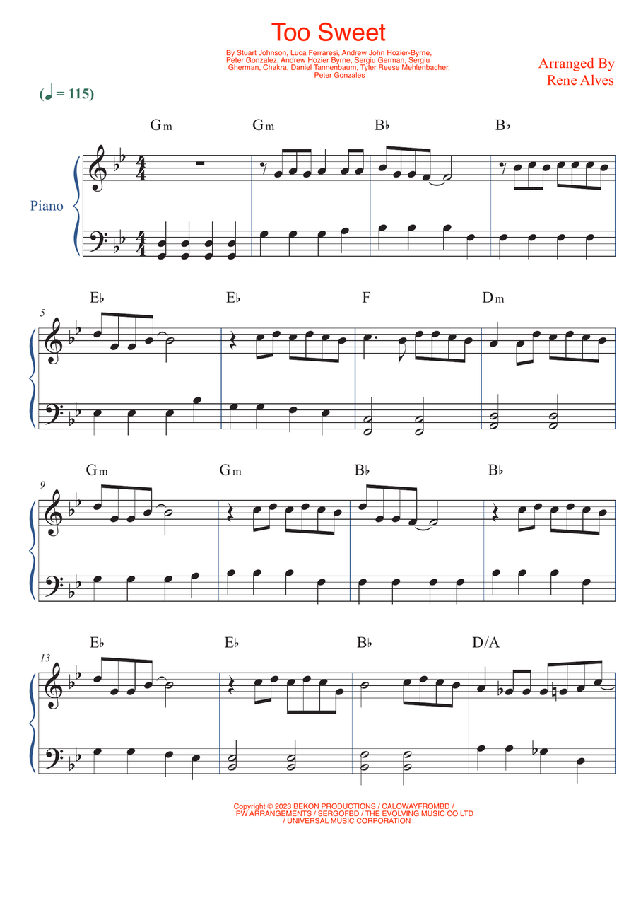 Too Sweet Easy Piano scores gallery preview page 1