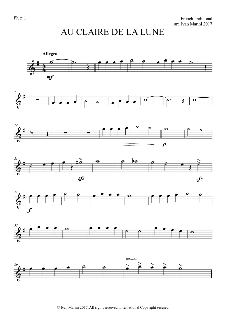 AU CLAIRE DE LA LUNE - for Easy Flute Quartet image number null