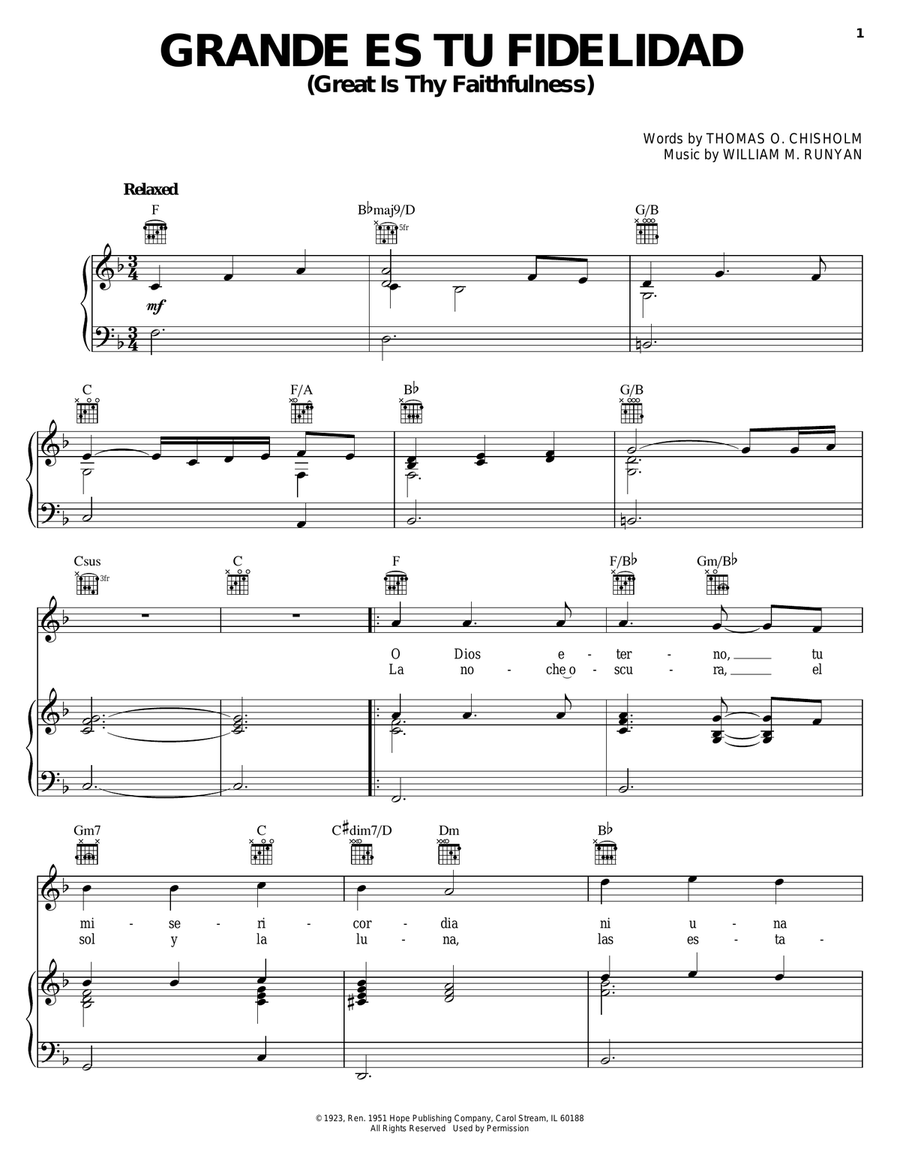 Grande Es Tu Fidelidad (Great Is Thy Faithfulness) Piano, Vocal, Guitar scores gallery preview page 1