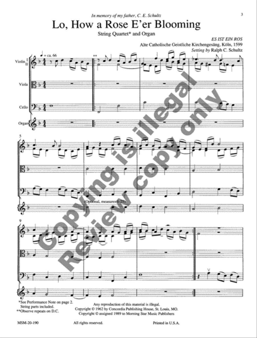 Lo, How a Rose E'er Blooming String Quartet scores gallery preview page 6