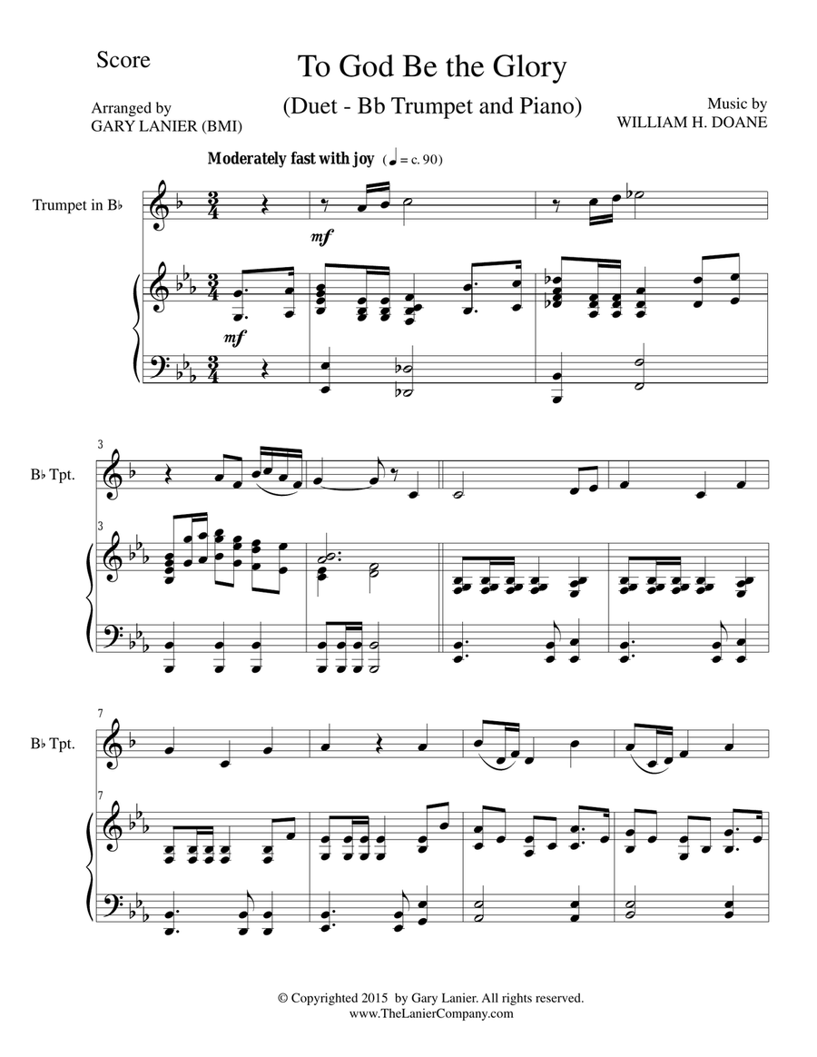 TO GOD BE THE GLORY (Duet – Bb Trumpet and Piano/Score and Parts) Trumpet Duet scores gallery preview page 1
