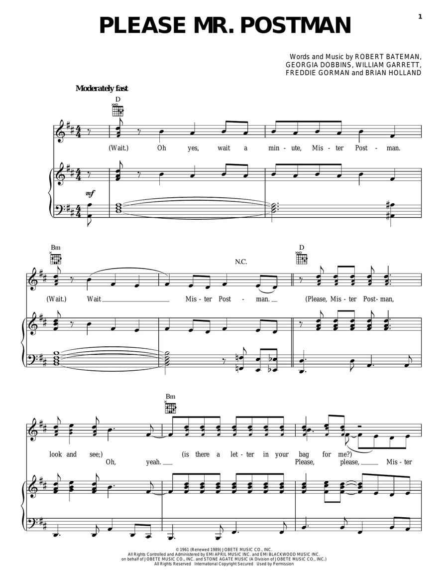 Please Mr. Postman Piano, Vocal, Guitar scores gallery preview page 1