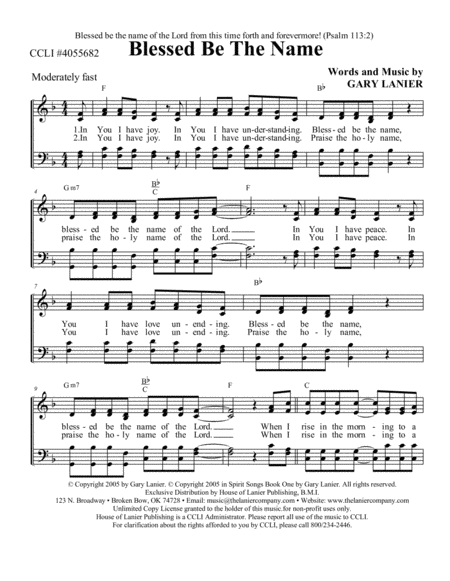BLESSED BE THE NAME, Worship Hymn Sheet (Includes Melody, Lyrics, 4 Part Harmony & Chords) image number null
