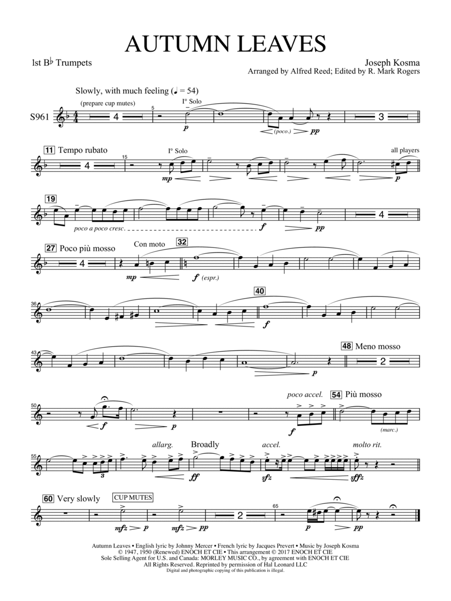 Autumn Leaves (Les feuilles mortes) - Trumpet 1 Concert Band scores gallery preview page 1