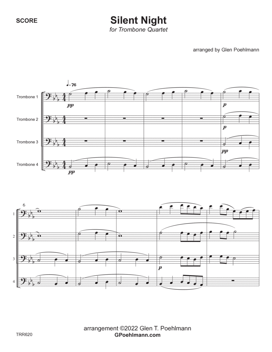 SILENT NIGHT - Trombone Quartet (Grade 3+) - includes Baritone TC for all parts Brass Ensemble scores gallery preview page 1