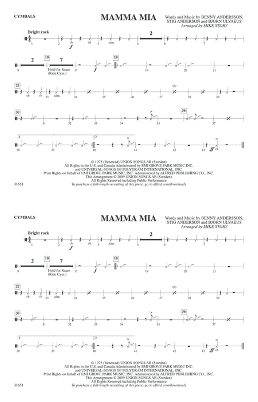 Mamma Mia: Cymbals Mamma Mia: Cymbals Marching Band scores gallery preview page 1