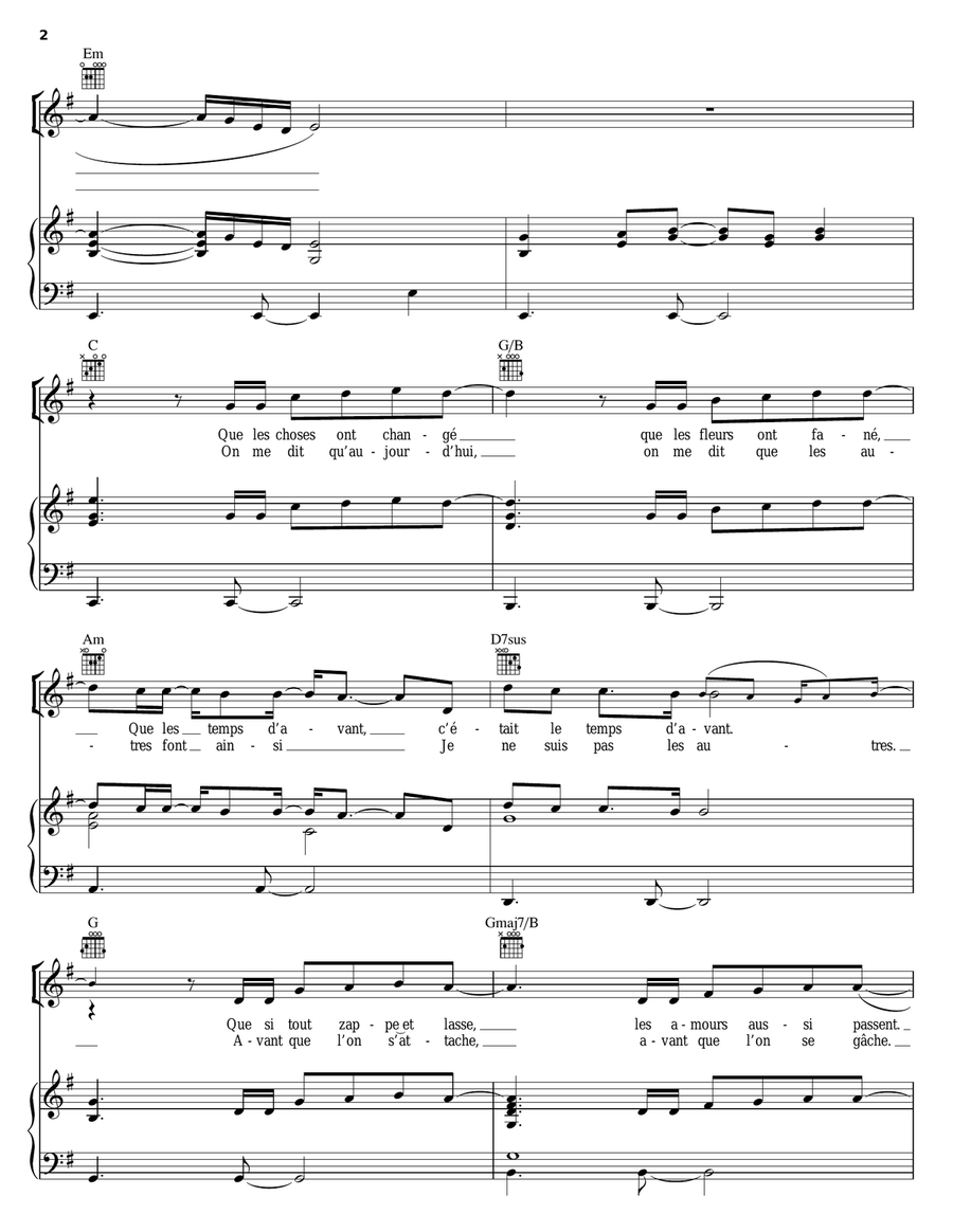 Pour Que Tu M'aimes Encore Piano, Vocal, Guitar scores gallery preview page 2