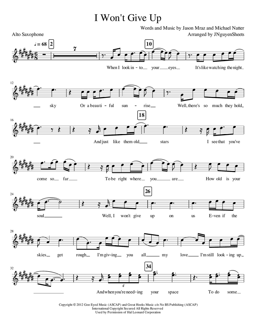 I Won't Give Up Alto Saxophone scores gallery preview page 1