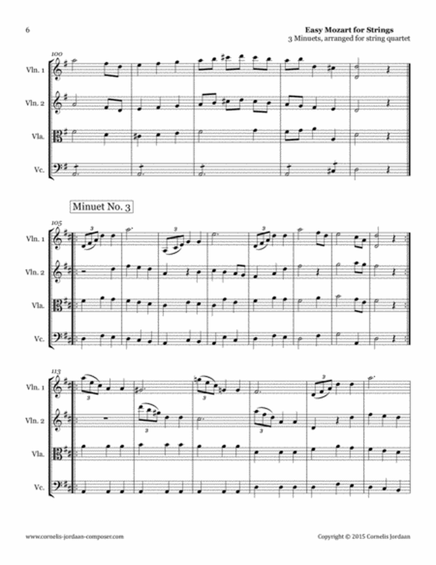 Easy Mozart for Strings - 3 Minuets, arranged for string quartet