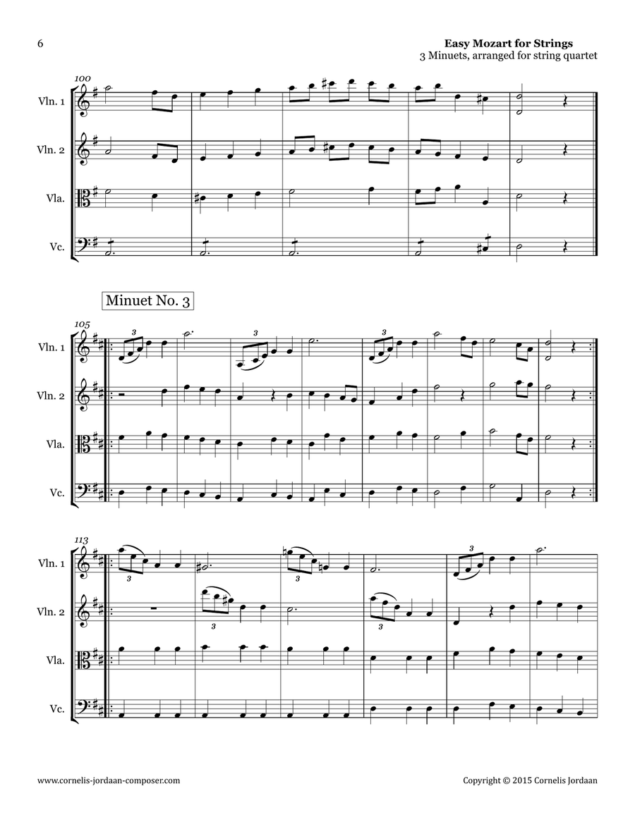 Easy Mozart for Strings - 3 Minuets, arranged for string quartet String Quartet scores gallery preview page 6