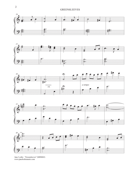 GREENSLEEVES - piano arrangement by Jane Leslie image number null