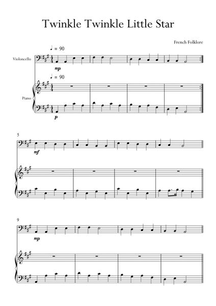 Twinkle Twinkle Little Star for Cello (Violoncello) and Piano in A Major. Very Easy. image number null