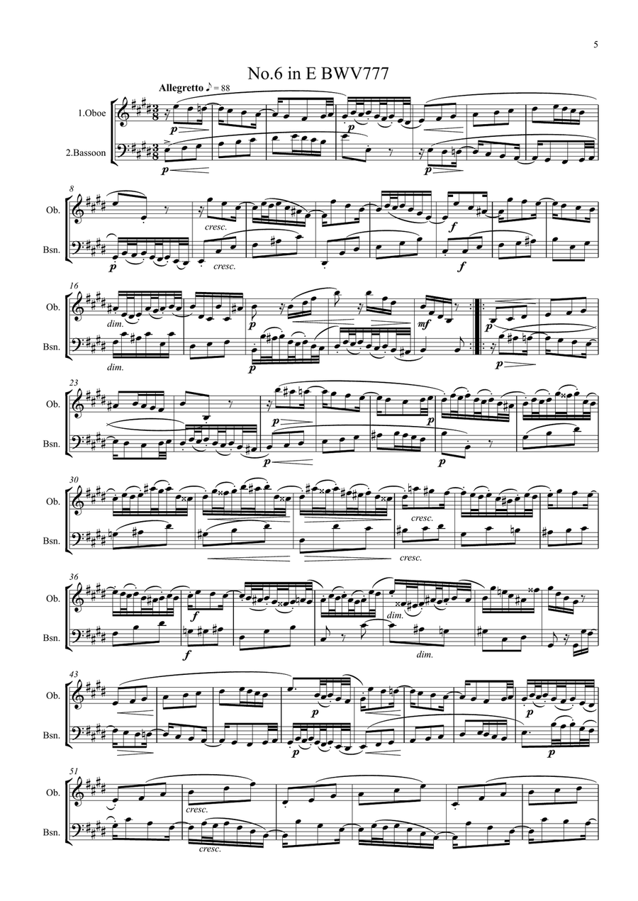 Bach: A Selection of Two Part Inventions( nos. 1,3,4,5,6,13 & 15) - wind duet ( oboe, bassoon) Woodwind Duet scores gallery preview page 5