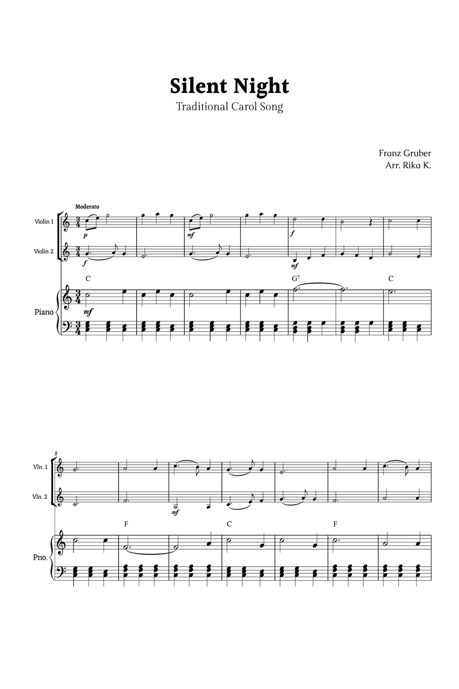 Silent Night for Violin Duet and Piano String Duet scores gallery preview page 1