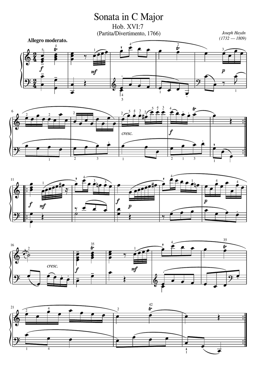 Haydn - Keyboard Sonata in C Major, Hob. XVI:7 - Original (fingered) For Piano Solo Complete Piano Solo scores gallery preview page 1