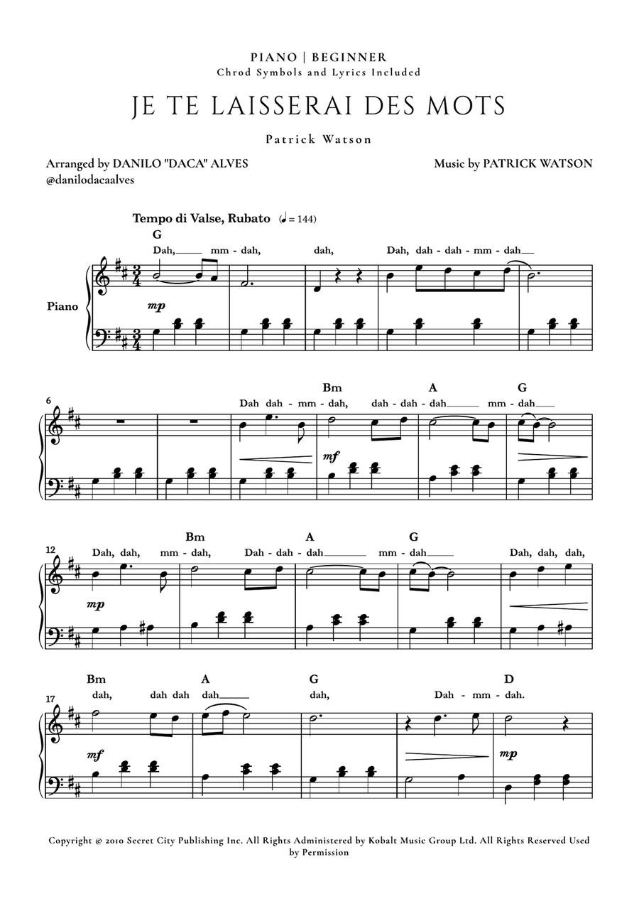 Je Te Laisserai Des Mots Easy Piano scores gallery preview page 1