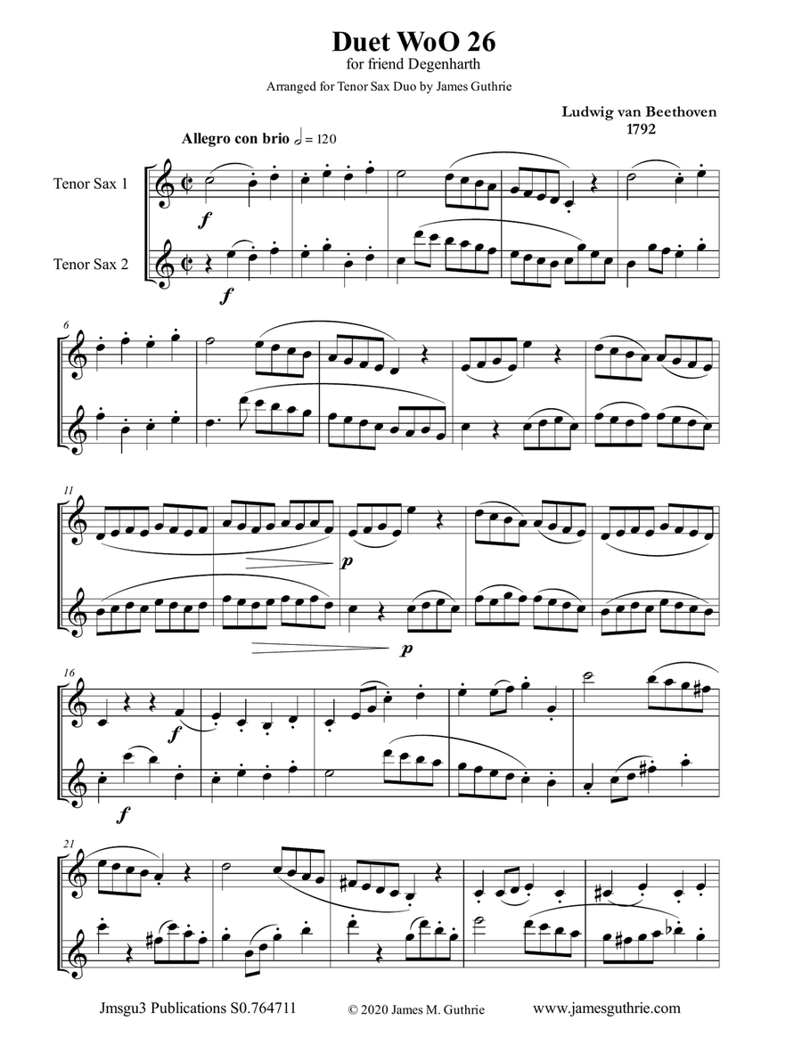 Beethoven: Duet WoO 26 for Tenor Sax Duo Woodwind Duet scores gallery preview page 1
