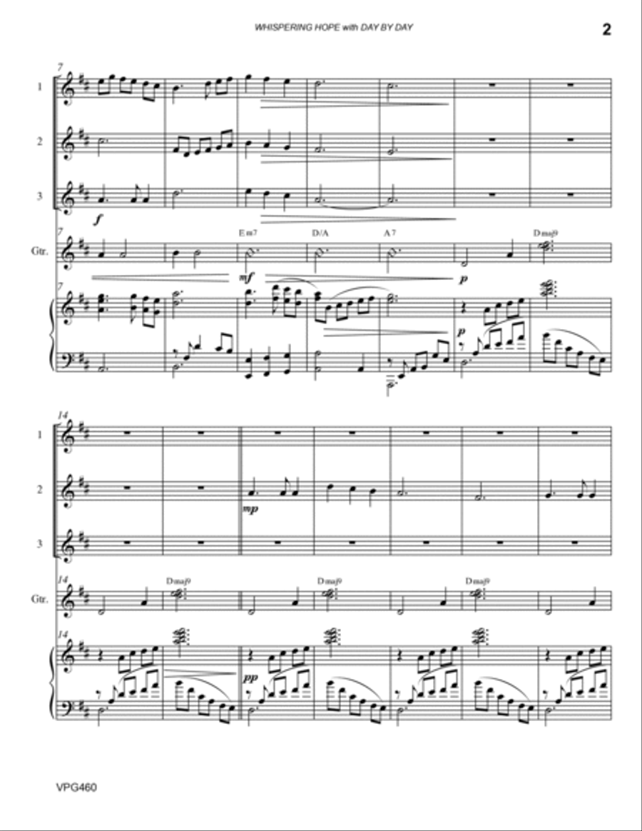 WHISPERING HOPE with DAY BY DAY - 3 Violins & Guitar with Piano accompaniment Small Ensemble scores gallery preview page 2