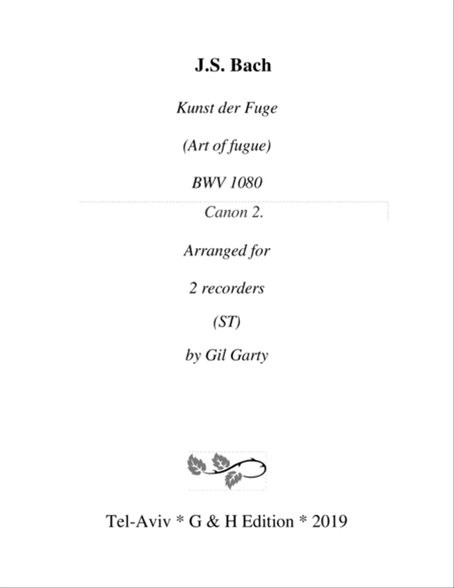 Canon 2 from Art of Fugue, BWV 1080 (arrangement for recorders) Woodwind Duet scores gallery preview page 1