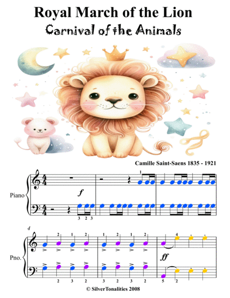 Royal March of the Lion Carnival of the Animals Easy Piano Sheet Music with Colored Notation