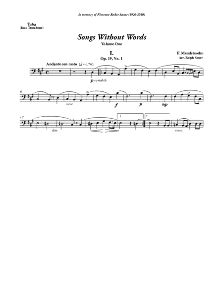 Six Songs Without Words for Tuba or Bass Trombone & Piano