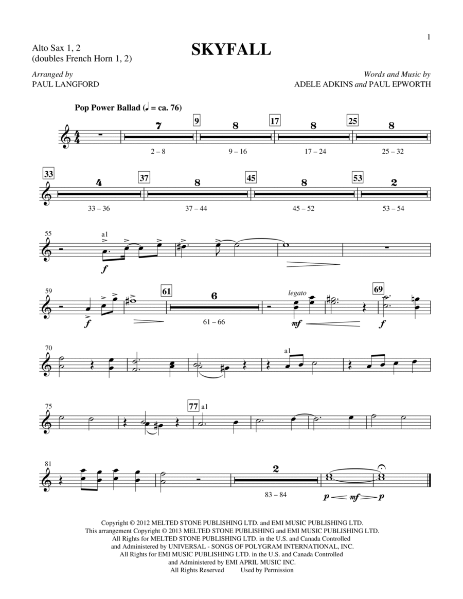 Skyfall (arr. Paul Langford) - Alto Sax 1 & 2 (Sub. Horn) Choir scores gallery preview page 1