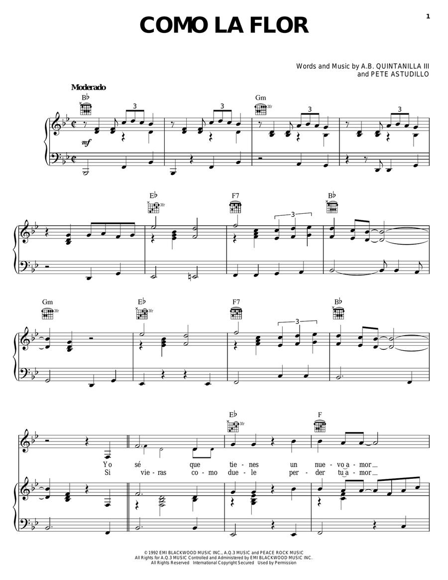 Como La Flor Piano, Vocal, Guitar scores gallery preview page 1