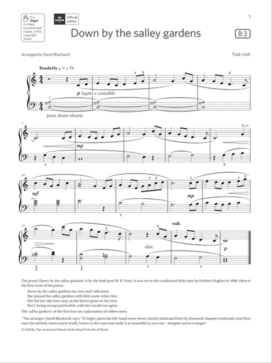 Down by the salley gardens (Grade 1, list B3, from the ABRSM Piano Syllabus 2021 & 2022) Piano Method scores gallery preview page 1