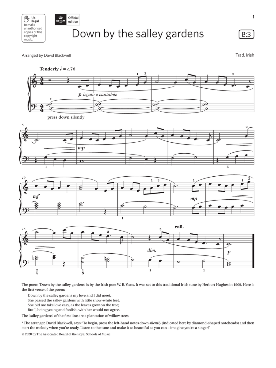 Down by the salley gardens (Grade 1, list B3, from the ABRSM Piano Syllabus 2021 & 2022)