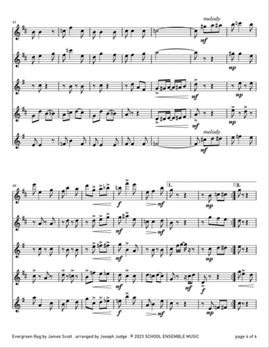 Evergreen Rag by James Scott for Saxophone Quartet in Schools Saxophone Quartet scores gallery preview page 4