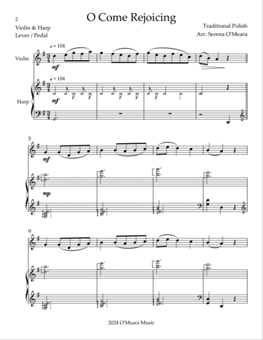 O Come Rejoicing, Duet for Violin & Harp String Duet scores gallery preview page 2